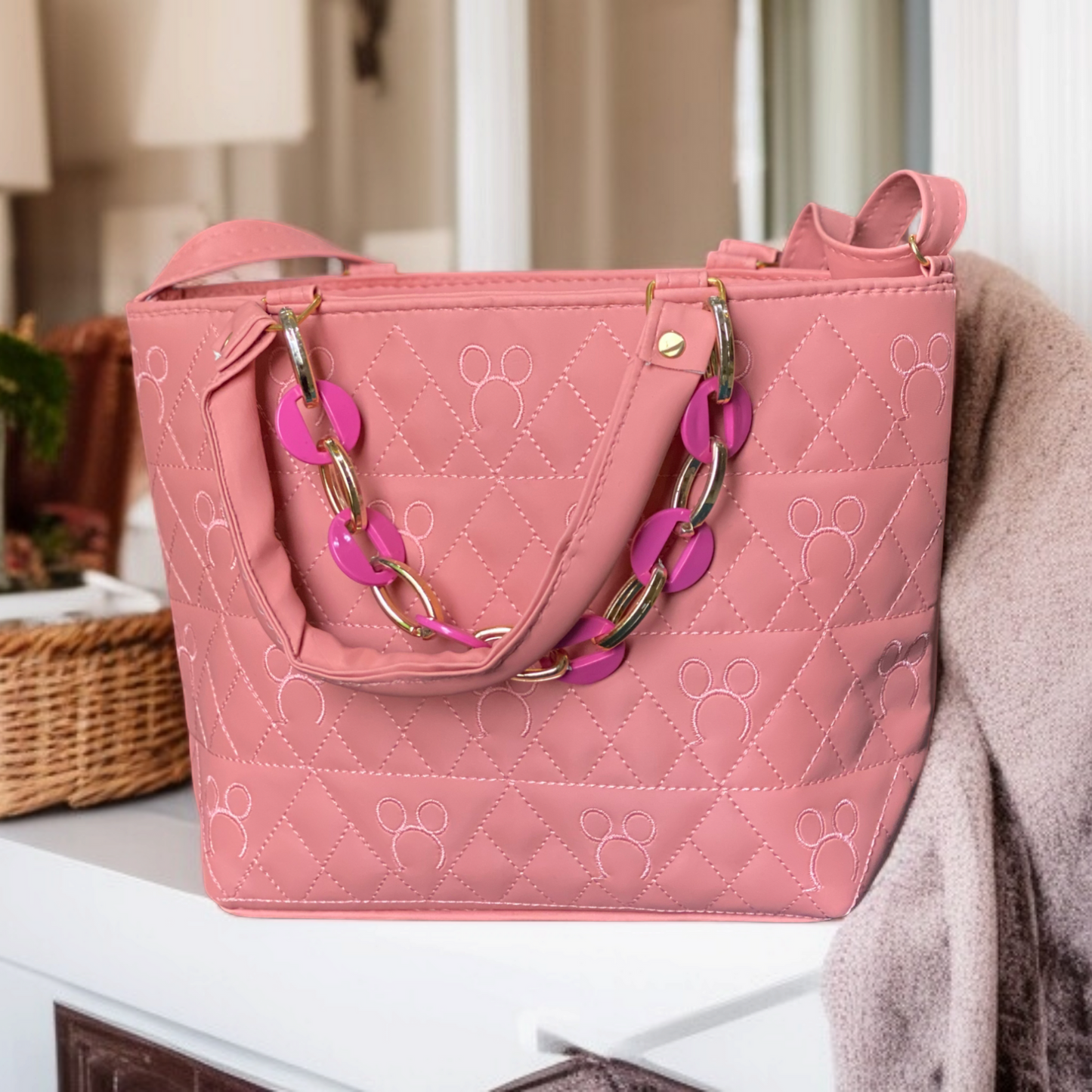 Rosy Mickey Quilt Tote Crossbody Bag